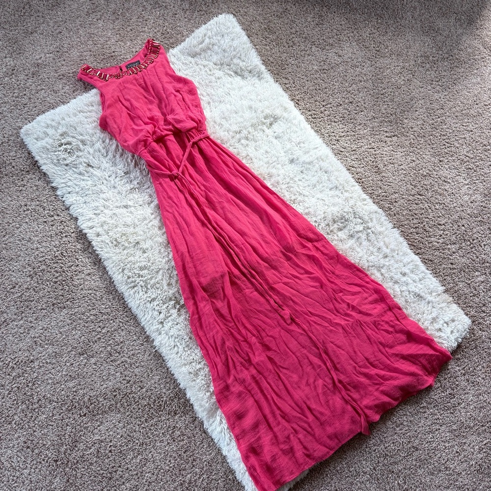 Luxology Beaded Maxi Dress Coral Pink Sleeveless Belted Empire Waist Size S - Picture 11 of 13